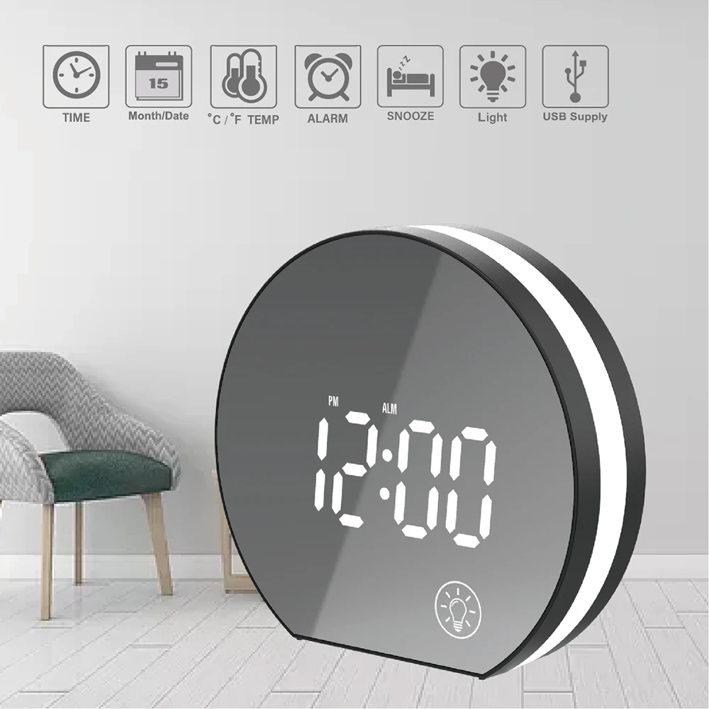 Deber piloto Repetido Reloj despertador Digital de mesa con espejo LED, dispositivo electrónico  de mesita de noche con luz, repetición y temperatura, moderno, para oficina  y dormitorio _ - AliExpress Mobile