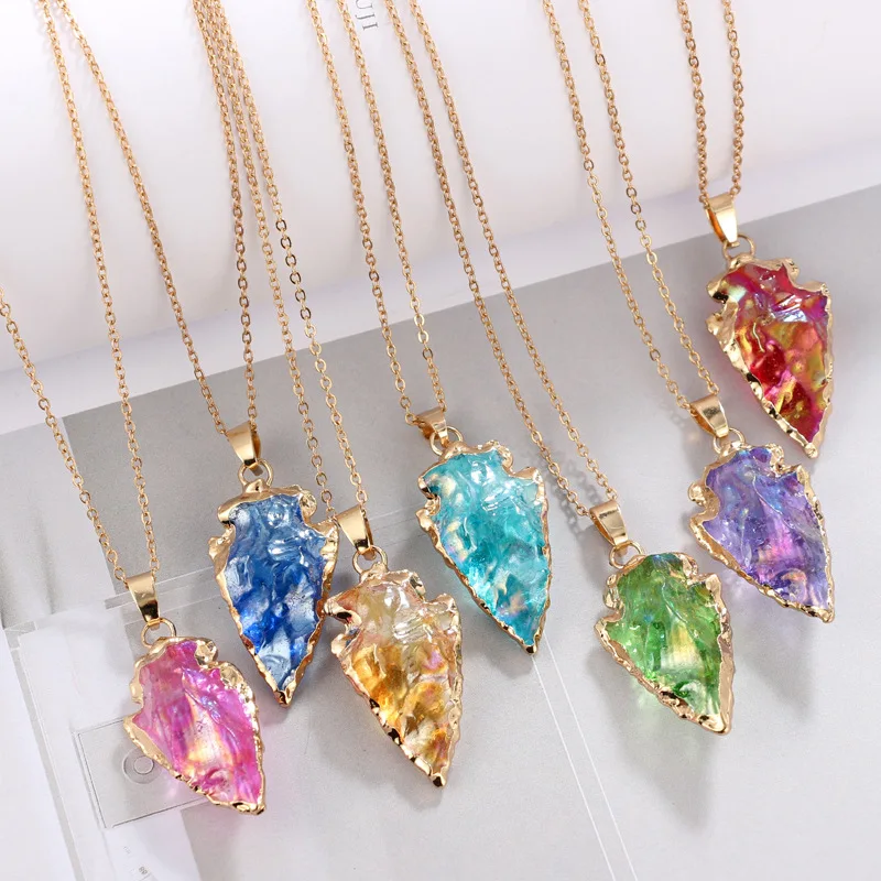 

2018 New Style AliExpress Natural Stone Accessories Europe And America Natural Stone Rainbow Color Triangular Pendant Necklace