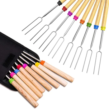 

Roasting Fork Sticks Set Skewer BBQ Picnic Tool Easily Carrying with Wooden Handle Telescoping BBQ Tools Accessories
