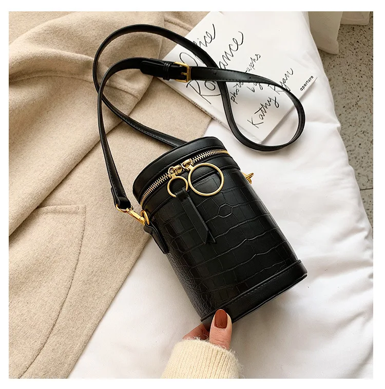 Модная цилиндрическая женская сумка-мешок с узором «крокодиловая кожа», сумки через плечо, роскошные брендовые дизайнерские женские сумки - Цвет: black