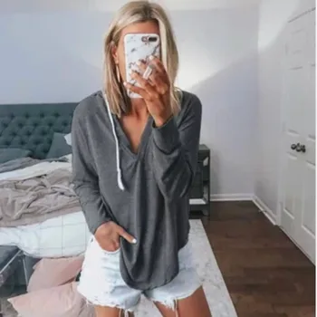 

Madam clothing OWLPRINCESS In 2019, the new women's wear loose v-neck hooded long-sleeved T-shirt