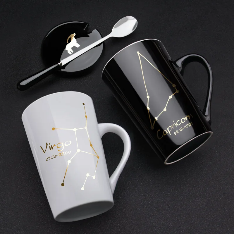 420ML Ceramic Mugs 12 Constellations Creative with Spoon Lid Black and Gold Porcelain Zodiac Milk Coffee Cup Drinkware Gift | Дом и сад