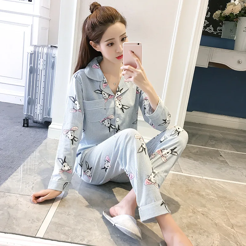 Весенне-осенние женские хлопковые Пижамные комплекты со штанами Домашняя одежда с цветочным принтом пижама с длинным рукавом Милая пижама одежда для сна