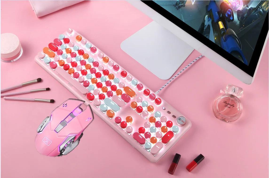 女性ピンクキーボード機械式レトロラウンドチョコレートオフィスタイピング多色かわいい漫画usbキーボードノートpc用 Replacement Keyboards Aliexpress