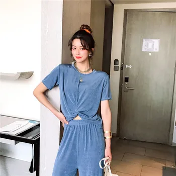 

2020 Fashion Irregular Women's Summer Homewear Female Summer Pajamas Set Lounge Wear Home Suit Pants Korean Women Home Clothes