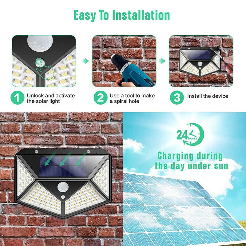 

100 LEDs Solar Power PIR Motion Sensor Wall Security Lights Garden/Outdoor Lamp