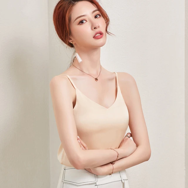 Casual V-Neck Sexy Solid Satin Woman Camis Tank Tops Render Chiffon Sleeveless Camisole Top Plus Size Halter Camis Tops Champagne