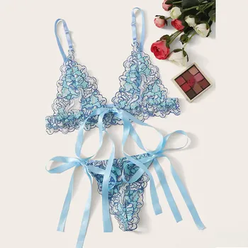 

Delicate Women Lingerie Exquisite Ladies Bra Set Sexy Lace Flower Pattern Lingerie Bra+Briefs Set Perspective Brassiere Femme