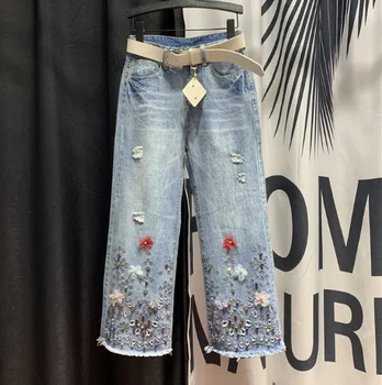 

High Waist Holes Jeans Women Spring Summer New Style Beads Diamond Flower Pants Fashion Girls Students Jean Jeans
