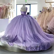 2021 lilas Robes de Quinceanera avec Dentelle Appliques Robe d'anniversaire pour 16 ans Perlée Une Épaule robes de 15 ans Gonflé Train