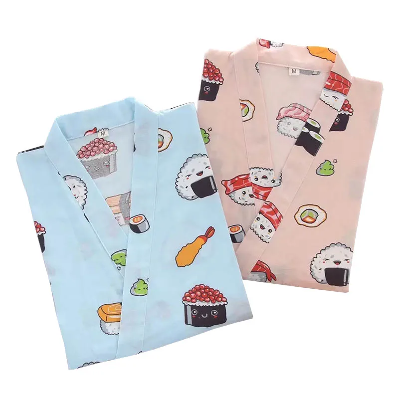 

Ladies Cute Cartoon Sushi Printed Pajamas Set Comfort Gauze Cotton Women Kawai Sleepwear Sweet Kimono Style Homewear For Spring