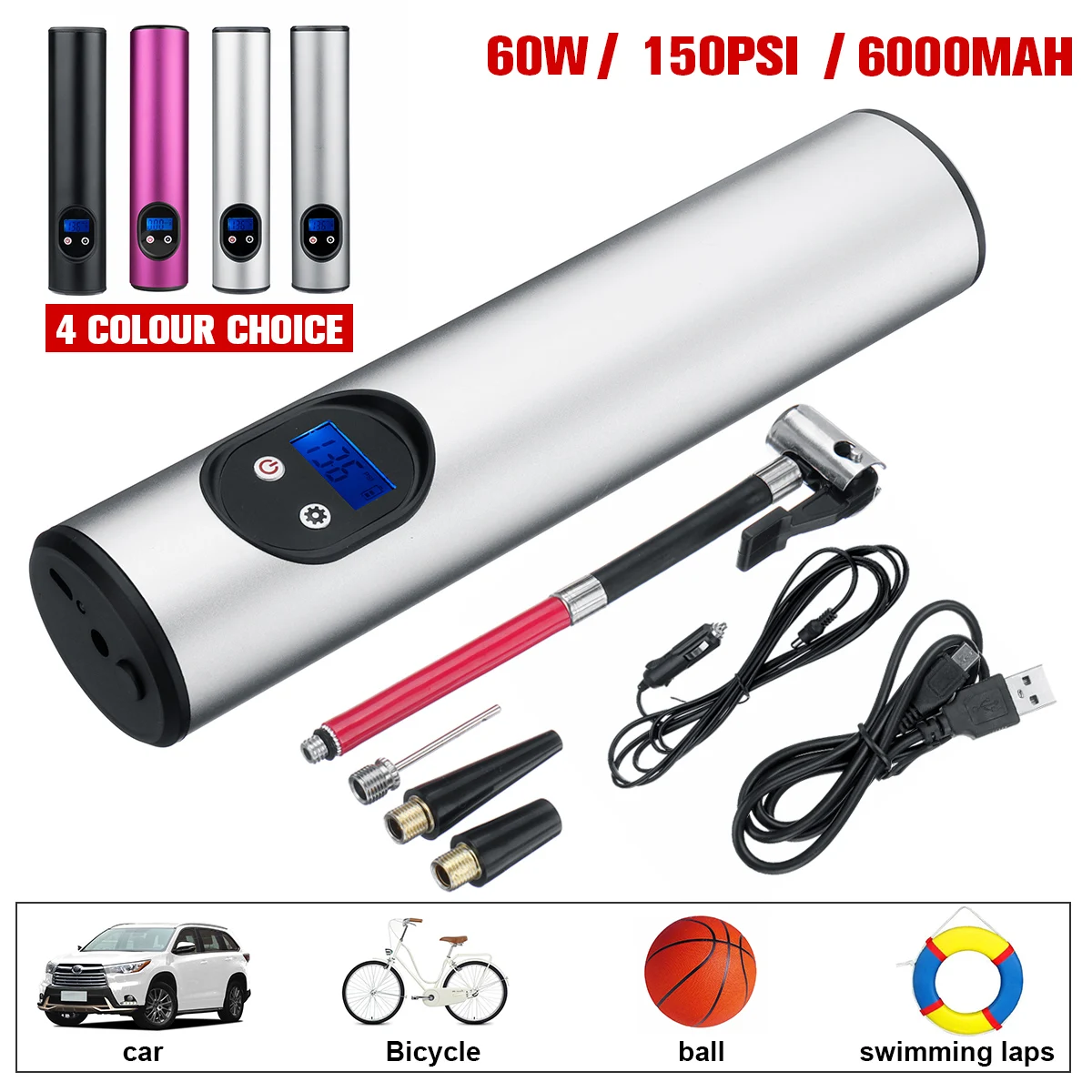 Портативный воздушный компрессор 150PSI 6000mAh с USB интерфейсом надувной насос ЖК
