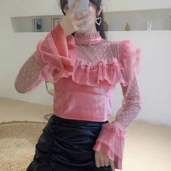 

Spring hollow out lace patchwork velour blouses women transpent sleeve velour tops Spring lace tops