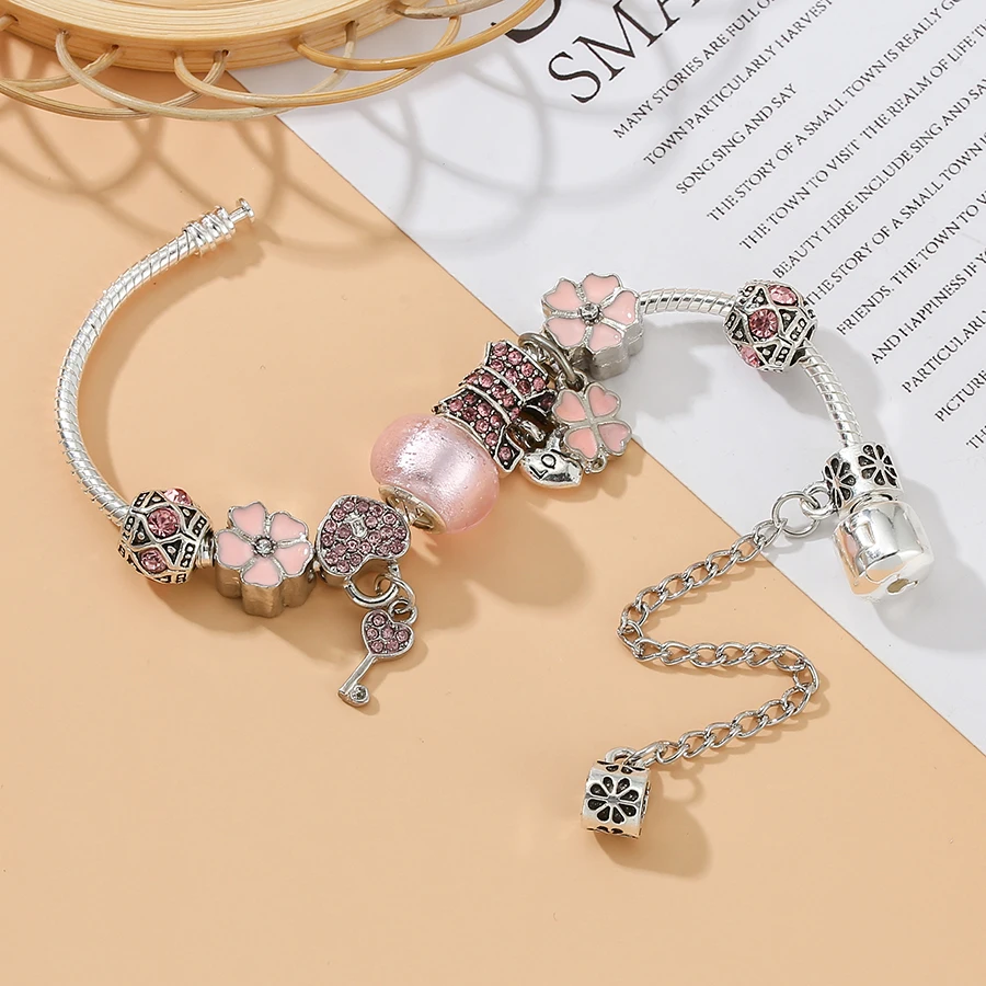 Seialoy Pink Heart Lock Key Charm Bracelets For Women Original Round  Crystal Glass Beaded Bracelet Bangle Fashion Jewelry Gifts