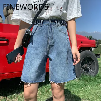 

FINEWORDS Korean Chic Vintage Mid-Length Denim Shorts Blue High Waist Wide Leg Shorts Jeans Plus Size Adjust Waist Summer Shorts
