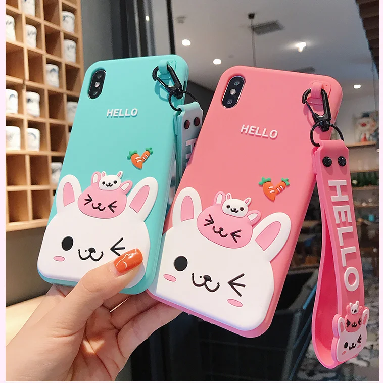 

For iPhone XS max XR X Cute 3D pink Rabbit phone Cases For iphone 8plus 7 7plus 8 6 6S 6Splus fresh color soft back cover +strap