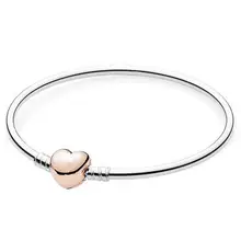 Подлинный 925 пробы Серебряный браслет розовое Золотое любовное Сердце застежка змеиная цепочка базовый браслет подходит для женщин из бисера очаровательное модное ювелирное изделие