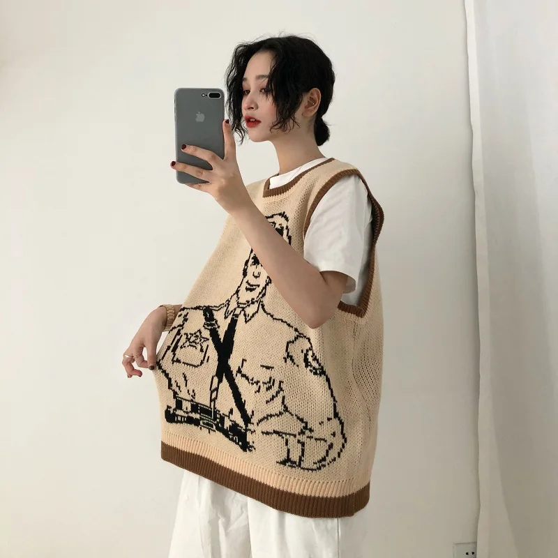 Vintage Cartoon Printed Knitted Sweater Vest Casual Sleeveless Loose Pullover Tank Tops Female Oversized Pullovers Femme