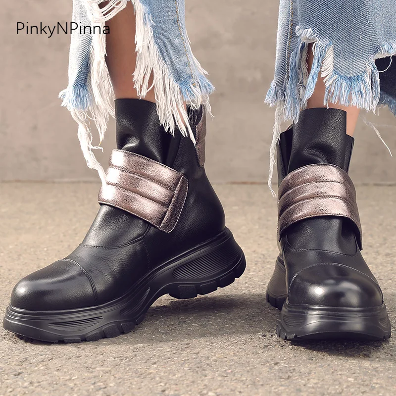 

cool young women heavy metal style ankle boots luxury top layer genuine leather cowhide platform sneaker booties winter shoes