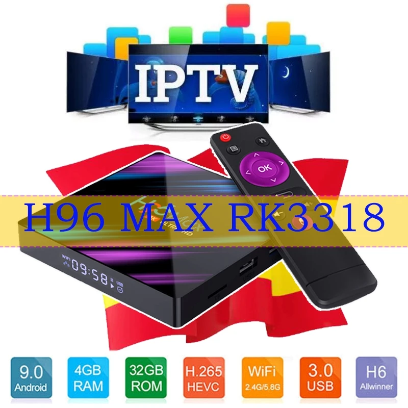 

Google H96 max RK3318 smart android Tv box 4GB RAM 64 ROM 4K 3D support Spain warehouse iptv DAZN subscription android tv box