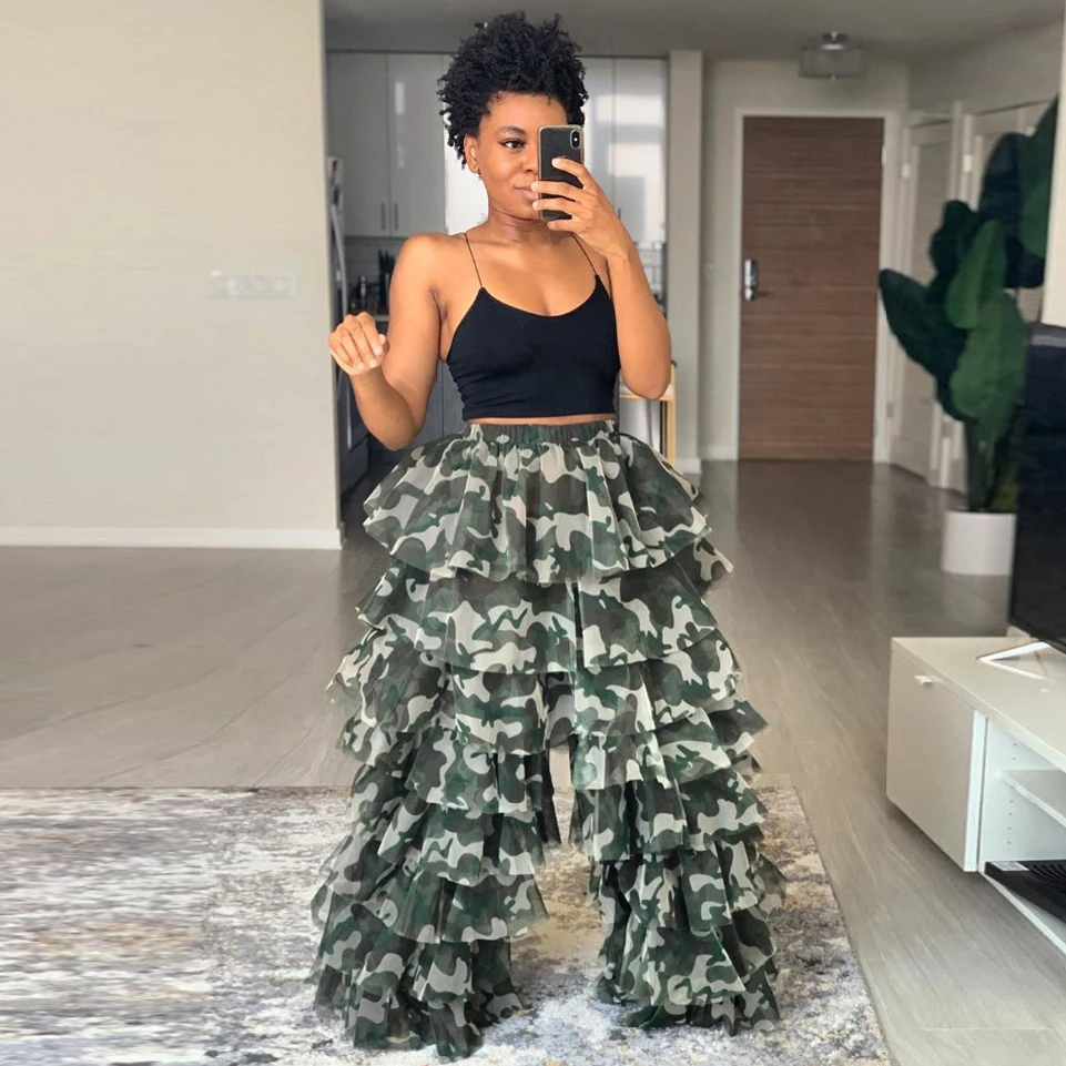 2020 Chic Camoufla Tulle Pants Custom Made Tiered Ruffled Pants Beach Party High Street Photo Shoot Girls Tulle Long Length