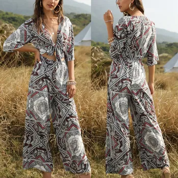 

Cut Out Wide Leg Jumpsuit for Women Elegant Ladies Vintage Tie Knot Front One Piece Jumpsuits