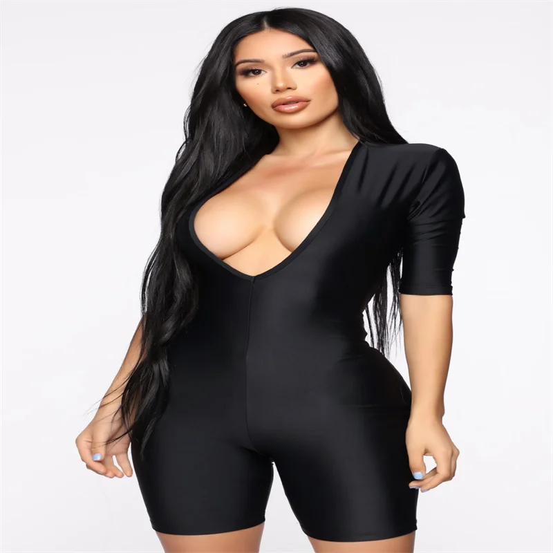 

Новинка, черный фотокостюм с глубоким V-образным вырезом, сексуальная спортивная одежда с коротким рукавом, женское повседневное боди для фитнеса