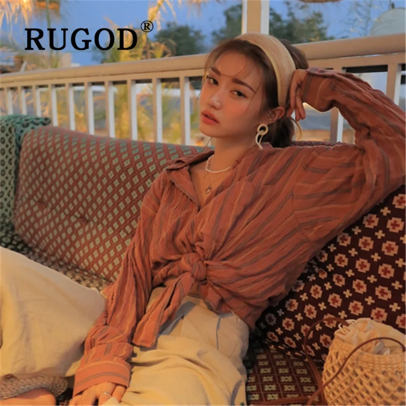 

RUGOD New Korean Chic Spring Retro Striped Blouse Shirt Turn-down Collar Color Blocking Long Sleeved Pleasted Tunic 2020