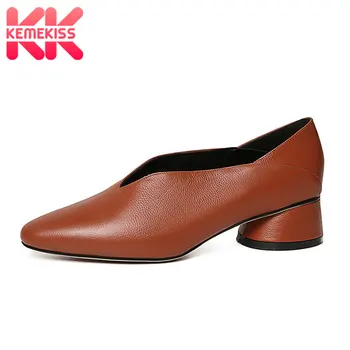 

KemeKiss Real Leather Women Pumps Sexy Pointed Toe Slip On Solid Color Shoes Women Casual Thick Heel Mujer Footwear Size 33-40