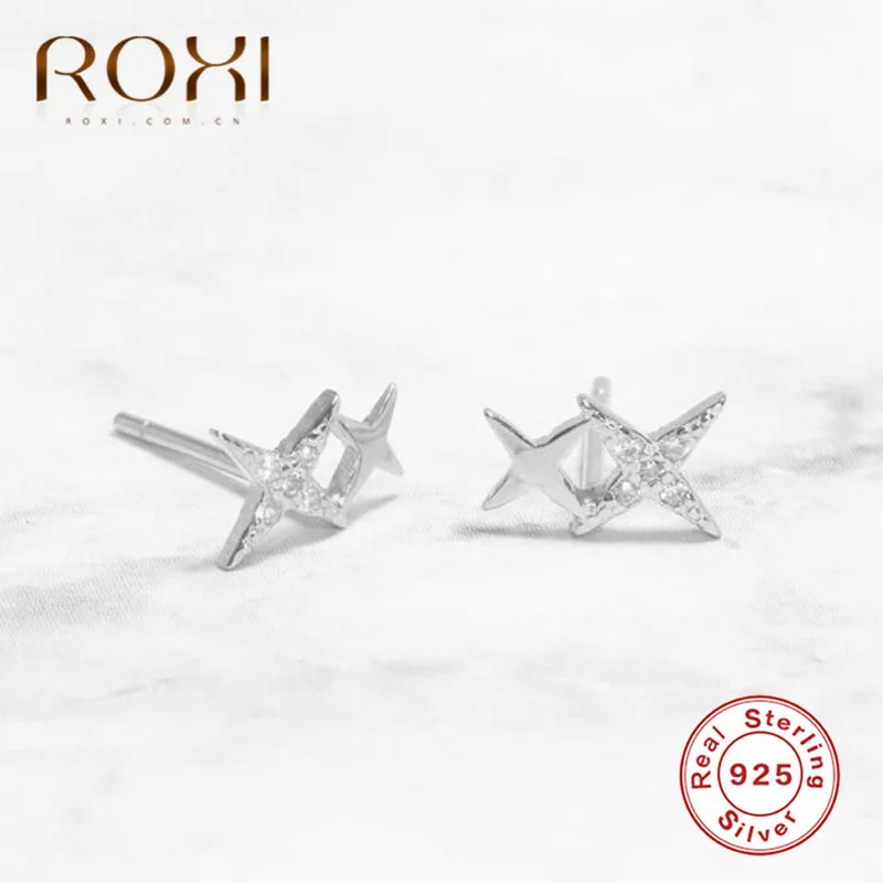 Платиновое покрытие ROXI 925 пробы, серебряные серьги-гвоздики в форме звезды для женщин, элегантные свадебные ювелирные изделия, нежные хрустальные серьги с цирконием в форме звезды, корейские подарки - Окраска металла: Платиновое покрытие
