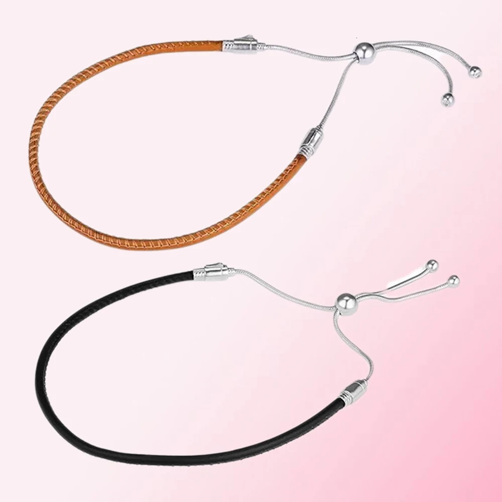 925 пробы Серебряный классический черный золотой коричневый кожаный скользящий браслет женские очаровательные ювелирные изделия