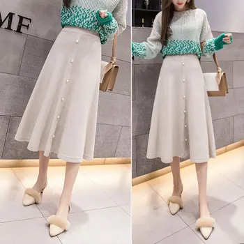 

ATKULLQZ Brand Wool new skirt 2019 thick beige wild autumn and winter new high waist large beaded beaded knit long skirt female