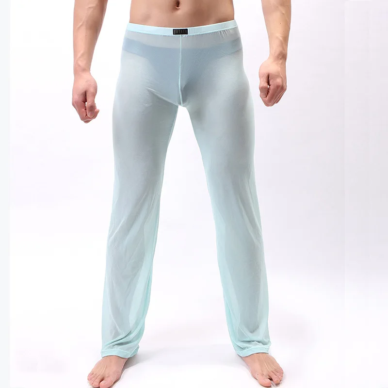Мужские пижамные штаны, сексуальные штаны для сна, Мужская пижама, длинная Домашняя одежда, прозрачные мягкие легкие домашние штаны, нижнее белье - Цвет: Небесно-голубой