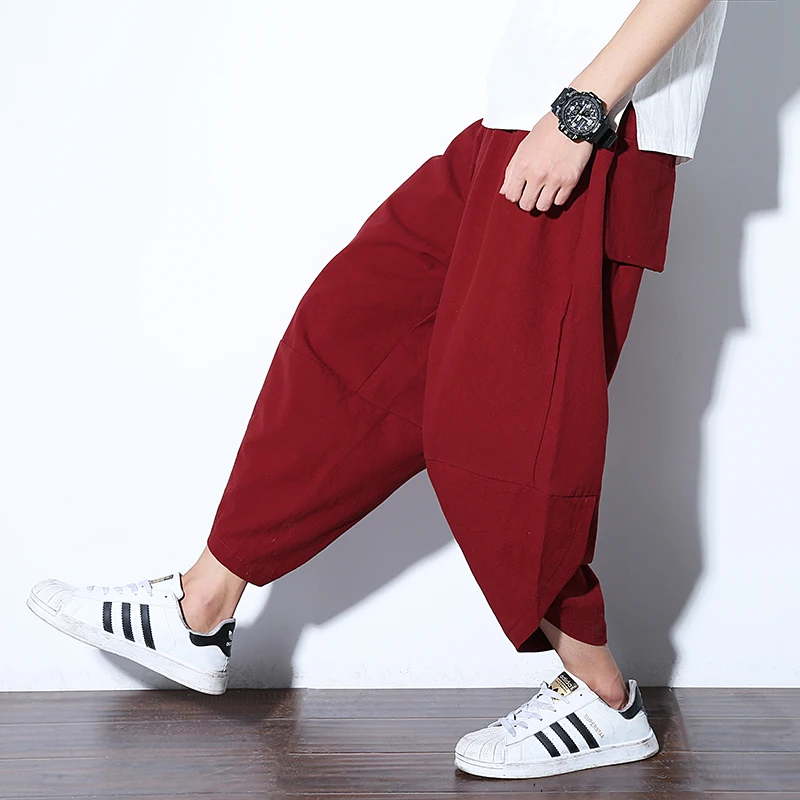 Holiday Man Linen Cropped Cross Pant Trouser Men Casual Wide Leg Bloomers Summer Male Traditional Nepal Thailand Trousers
