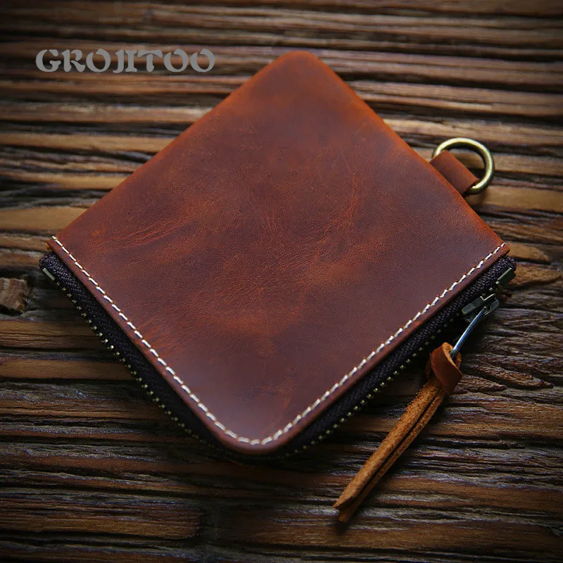 

GROJITOO Genuine leather men's wallet multi-functional purse short zipper money clip top layer cowhide leather wallet for men