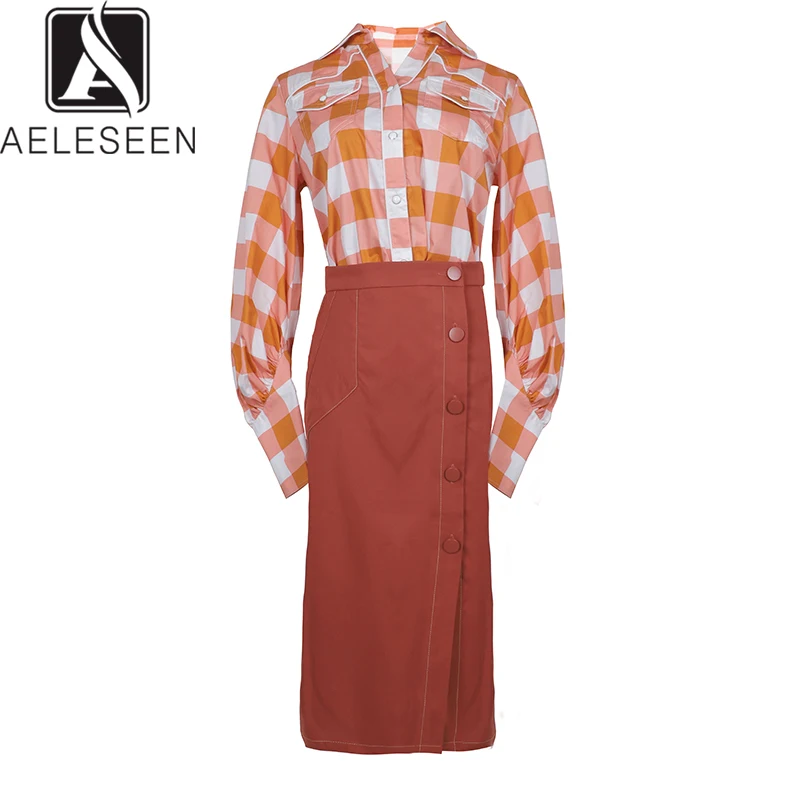 

AELESEEN 2019 Autumn New Style Office Lady Twinset Women European Plaid Shirt Orange Top + Button Coral Red Mid-Calf Skirt Suits
