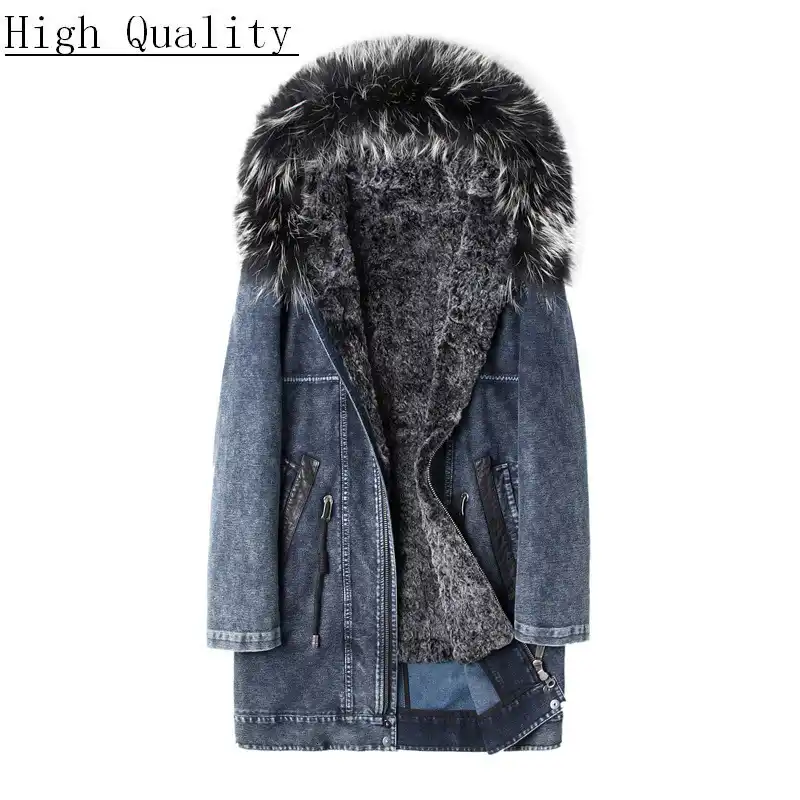 long denim jacket with fur collar