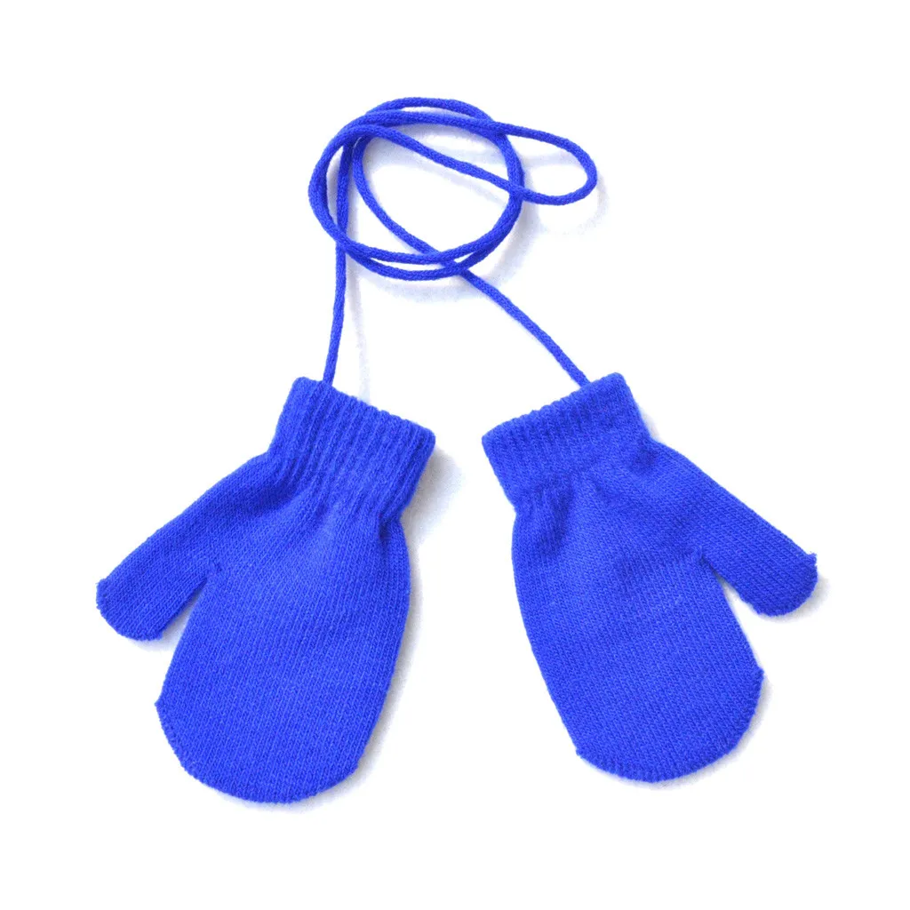 Детские зимние теплые однотонные вязаные милые перчатки с завязками