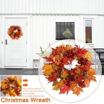 

17inch Handcrafted Ornament Fall Wreath Thanksgiving Day Wall Hanging Harvest Holiday For Front Door Rattan Base Christmas Decor