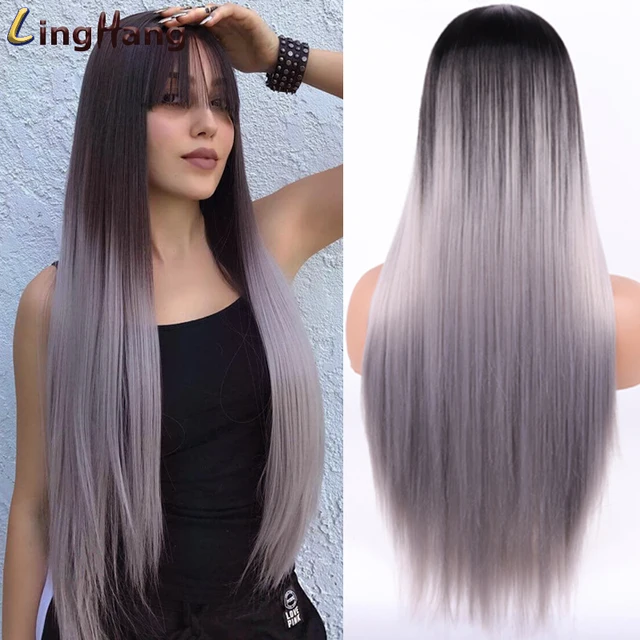 Linghang Gray and Black Wig Long Straight hair Cosplay Wig Two Tone Ombre Color Women Synthetic Hair Wigs P2/613