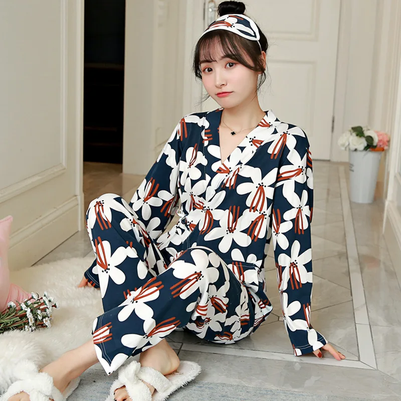 

New Products Hot Selling Long Sleeve Pajamas Women's Kimono Qmilch Sweet V-neck Cardigan Homewear Set with Eye Patch