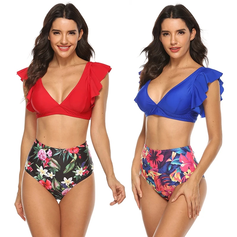 

2020 Sexy Push up Bikini Set Bandeau Floral Print Swimsuit 2 Piece Brazilian Large Size Tankini Swimwear Women Lace Bathing suit