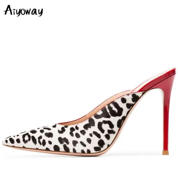 

Aiyoway Basic Model Factory Big Size Sexy Pointed Toe Women High Heel Mules Evening Dress White Leopard Summer Shoes