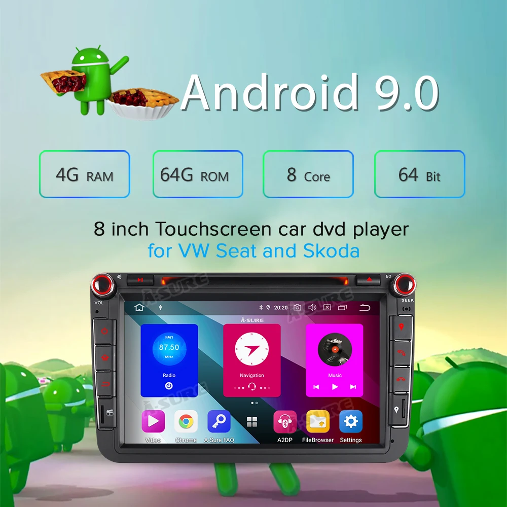 A-Sure 2 Din 8 Core 4G ram Android 9,0 радио gps dvd Navi для Volkswagen VW GOLF MK5 MK6 PASSAT B6 TOURAN Polo Tiguan SEAT SKODA