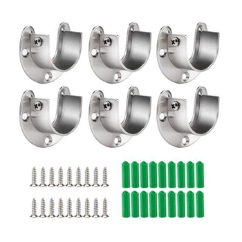 

6 Pcs of Stainless Steel Wardrobe Rod Socks-Wardrobe Rod End Bracket, Flange Sleeve Rod Bracket with Screws (U-Shaped)