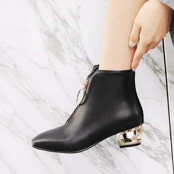 

2018 Fashion Autumn Winter Shoes Women White Black Brown Zipper Chains Crystal Block Heel Shoes Ankle Boots Plus Size