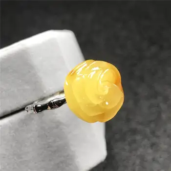 

14mm Top Natural Flower Carved Yellow Amber Ring For Woman Lady Man Crystal Silver Beads Gemstone Adjustable Ring Jewelry AAAAA