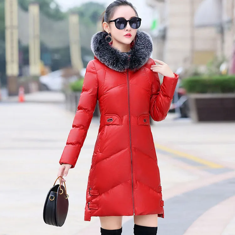 

Leather Coat Thick Warm Women's 2017 Winter Style Slim Fit Slimming Korean-style Mid-length Slim Fit Fox Fur Cotton-padded Cloth
