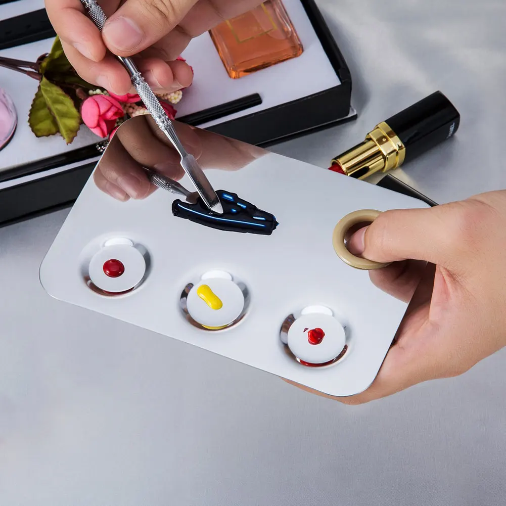Горячая нержавеющая сталь палитра для макияжа 3-Well Nail-art палитра для смешивания косметики с шпателем инструмент CUN 668