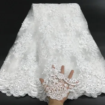 

White Embroidered Fabric Mesh Cording African Lace Sequin 3D Lace Fabric